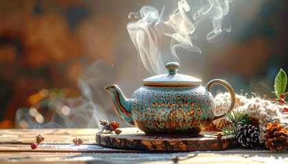 Ceramic teapot with steam, Generated image