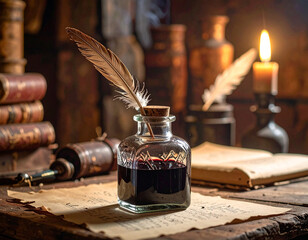 Glass ink bottle with quill, Generated image	
