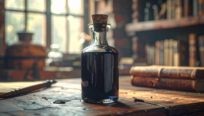 Glass ink bottle with quill, Generated image	
