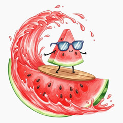 Funny illustration of a watermelon surfing on a watermelon 