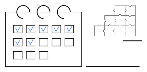 Task management. Calendar with checkmarks indicating completed tasks and puzzle pieces project planning. Task management aids organization and team workflow. Perfect for productivity , scheduling