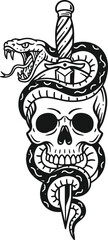 Skull and snake tattoo vector, gothic skull and snake vector, snake and dagger skull, snake wrapped around skull vector illustration
