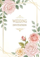 Elegant wedding invitation with pink roses and gold accents