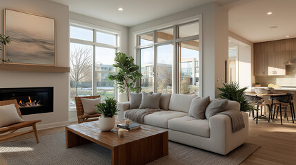 Fototapeta premium Modern Living Room Interior: A modern and inviting living space with comfortable furniture, natural light streaming through large windows, and tasteful decor creating a warm and welcoming ambiance.