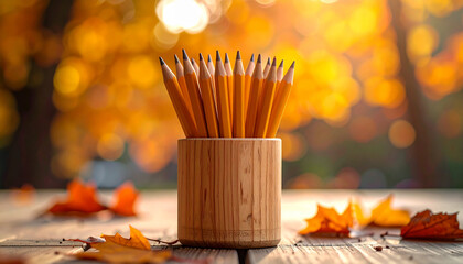 Wooden pencil holder with pencils, Generated image	

