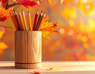 Wooden pencil holder with pencils, Generated image	
