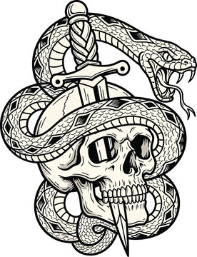 Skull and snake tattoo vector, gothic skull and snake vector, snake and dagger skull, snake wrapped around skull vector illustration