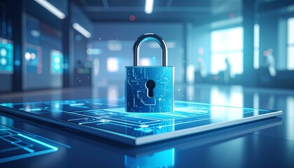 Futuristic glowing padlock with blue keyhole on icy surface, surrounded by snow, mountains, and pink tree.