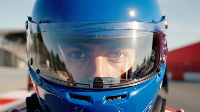 An intense, extreme close-up shot of a focused race car driver wearing a bright blue helmet on a sunny racetrack.
