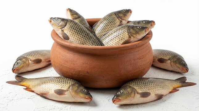 Fresh Common Carp Fish in Traditional Indian Clay Pot - Raw Freshwater Fish Isolated on White Background for Seafood and Culinary Concepts, Kerala Style Kitchen Photography.