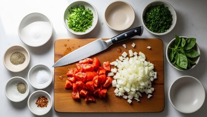 Freshly Chopped Vegetables and Herbs Prepared for Cooking on a Wooden Board.