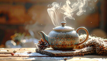 Ceramic teapot with steam, Generated image
