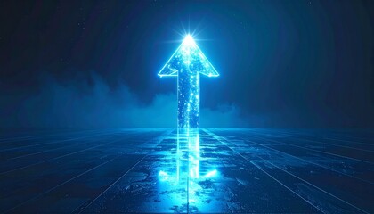 Glowing upward arrow made of digital particles on dark grid floor, symbolizing progress and innovation.