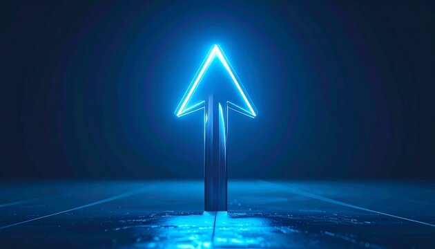 Glowing upward arrow made of digital particles on dark grid floor, symbolizing progress and innovation. - Powered by Adobe