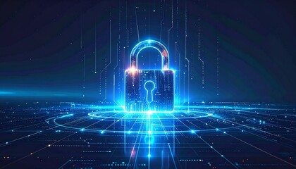 Glowing blue digital padlock on grid surface with waveforms and starry sky, symbolizing cybersecurity.