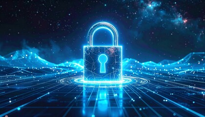 Glowing blue digital padlock on grid surface with waveforms and starry sky, symbolizing cybersecurity.