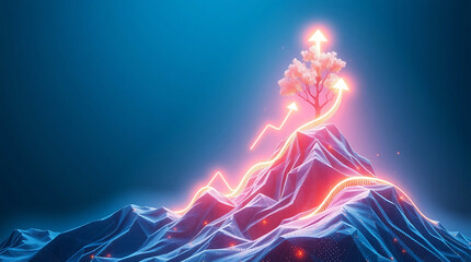 Business Growth Journey with Rising Arrows and Tree on Mountain Peak