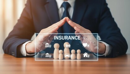Insurance protection and risk management concept with business hands safeguarding family, car, and house symbols
