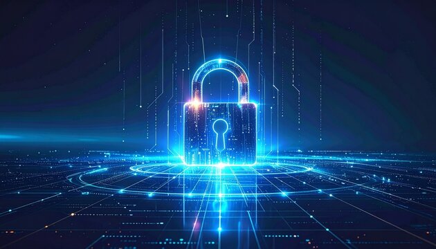 Glowing blue digital padlock on grid surface with waveforms and starry sky, symbolizing cybersecurity. - Powered by Adobe