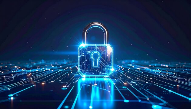 Glowing blue digital padlock on grid surface with waveforms and starry sky, symbolizing cybersecurity. - Powered by Adobe