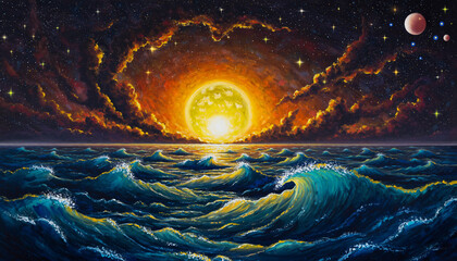 Vibrant sunset over turbulent ocean waves under starry night sky