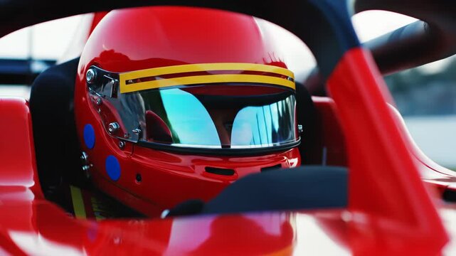 A focused race car driver in a vibrant red helmet prepares for the intense open wheel race on the track.