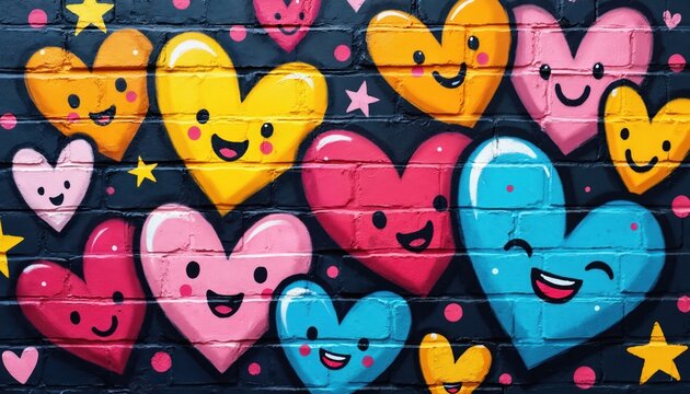 Colorful graffiti hearts with smiling faces adorn a dark brick wall. This vibrant street art pattern creates a cheerful, playful mood, ideal for Valentine Day or expressions of love and joy.