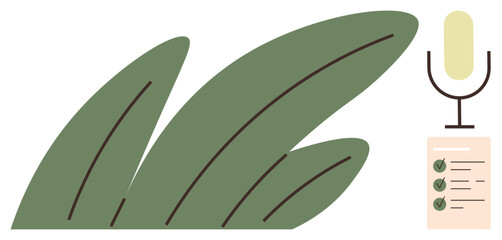 Podcasting, audio recording, sustainable content, eco storytelling, creative production, voice presentation. Green leaves with a microphone and checklist. Podcasting and audio recording concept