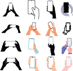 Hands Holding Smartphone Icon Set &mdash; Mobile Phone Usage Gestures, Touchscreen Interaction and Blank Screen Device Vector Illustration Isolated on White