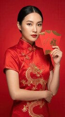 Beautiful Asian woman in red dragon cheongsam holding lucky money envelopes for Chinese New Year