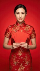 Beautiful Asian woman in red dragon cheongsam holding lucky money envelopes for Chinese New Year