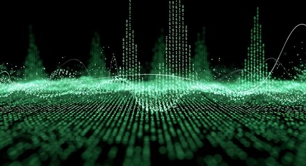 Digital data visualization of sound waves in green color.