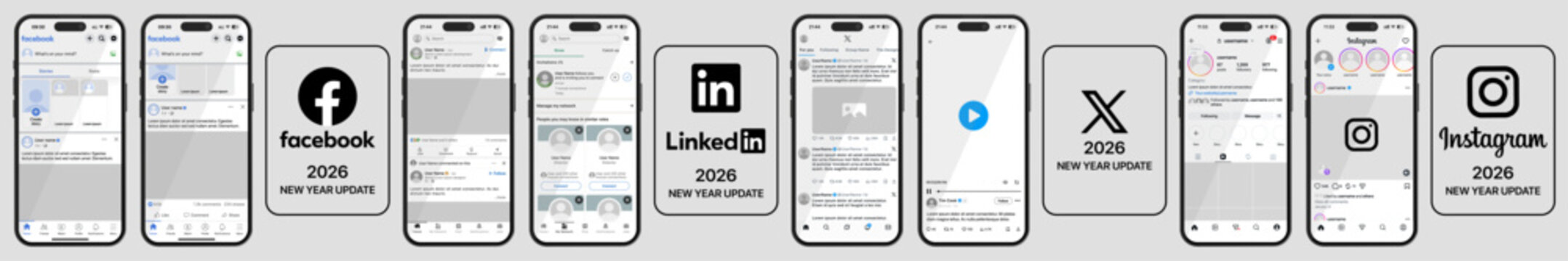 Facebook, LinkedIn, X, and Instagram UI mockup 2026 update template shown on iPhone 17 Pro with app logos, modern mobile interface design for social media presentations.