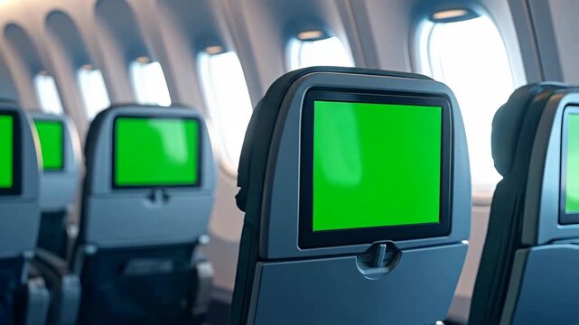 Interior of passenger airplane showing seats and green screens for entertainment.