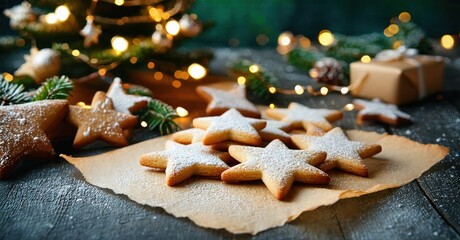 Fototapeta premium Festive star cookies, powdered sugar, warm lights. Holiday baking scene, cozy winter atmosphere, gift presentation.