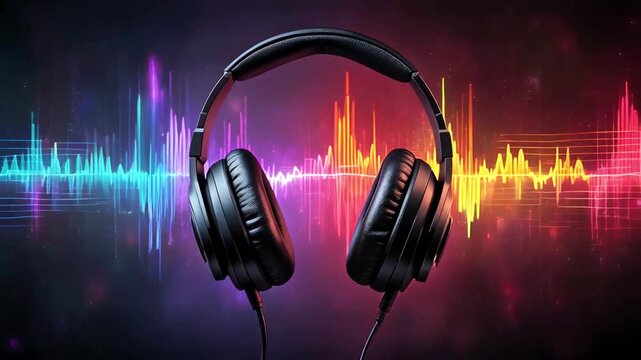 Black over-ear headphones float against a dark backdrop with vibrant rainbow soundwaves pulsing behind them.