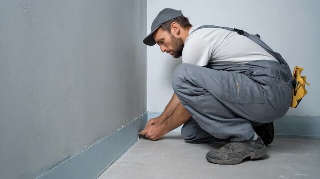 Medium shot of a worker installing waterproof wall panels in a basement highlighting clean lines and enhanced moisture protection in remodeling.