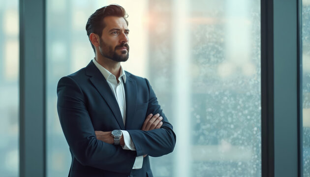 Bearded businessman in dark suit stands arms crossed looking out large window. He has white shirt, watch, thoughtful pose. City view background. Corporate leader.