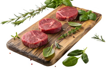 Raw sliced meat on wooden cutting board isolated on a white or transparent background.