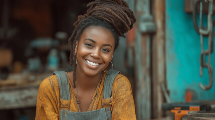 Confident Young African Woman with Dreadlocks Smiling in Bright Workshop Setting - Embracing Wellness & Creative Lifestyle