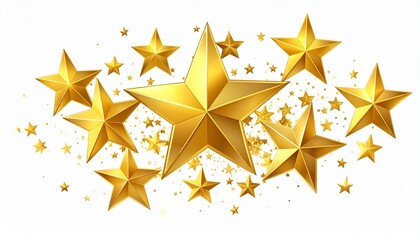 "Golden 3D stars sweeping in arc with sparkles on transparent background"