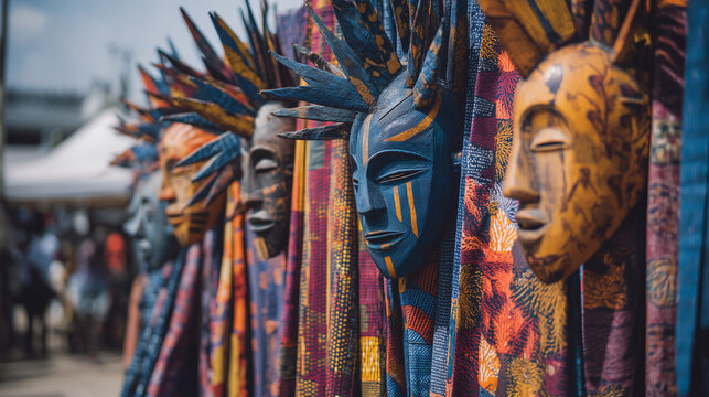 Colorful Vodoun masks and statues displayed during F&ecirc;te du Vodoun traditional cultural celebration