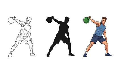 Set of three illustrations depicting a muscular man performing a kettlebell snatch exercise variation isolated against a white background for fitness guides