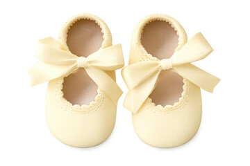 Pair of soft ivory baby shoes with ribbon bows, symbolizing new beginnings, innocence, and childhood celebration