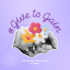 Givetogain banner with halftone hands and 3d plastic flowers. International women day card, trendy collage elements, the gesture of giving. Vector illustration. Gradient purple corrugated background.