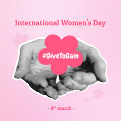 8 march banner with half tone hands giving abstract flower. Iwd collage. Givetogain slogan. International Women's day card, feminine vector illustration, gradient pink background.