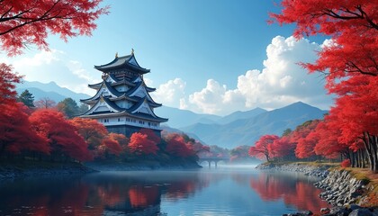 Japanese castle stands beside tranquil lake on misty autumn day. Bright red maple trees surround traditional structure. Distant mountains under blue sky with white clouds.