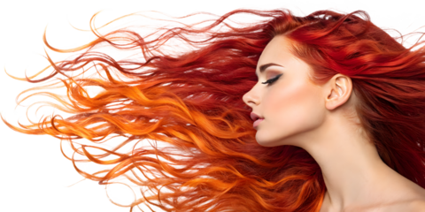 Red female hair transforming into fire flames and flowing red hair transforms into dynamic flames isolated on a white or transparent background.