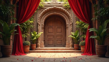 Ornate wooden doors behind grand archway with red curtains. Lush green plants in pots flank steps leading to entrance. Outdoor scene suggests ancient entrance or theatrical stage set.
