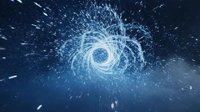 Abstract blue energy vortex opening in dark space. Sci-fi portal with glowing particles and smoke. Magic spell casting effect animation
